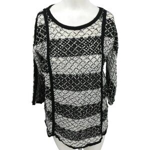 Chicos Open Knit Ribbon Pullover 3/4 Sleeve Sweater Size 3 XL Black Metallic